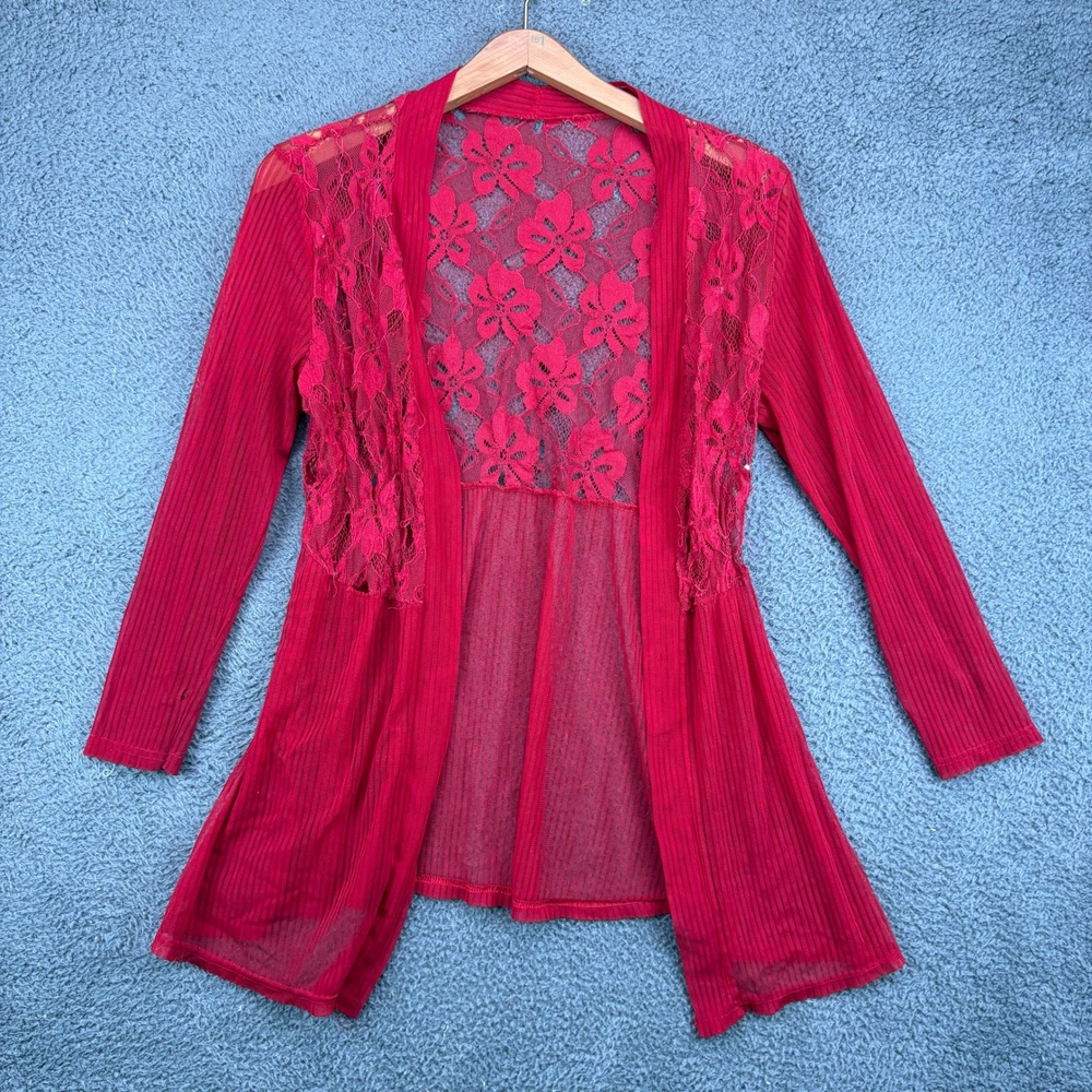Unbranded Womens Red Floral Lace Ribbed Sheer Open Front Cardigan Top Small